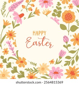 Easter card, banner, poster, background with spring flowers in minimalistic style. Vector illustration