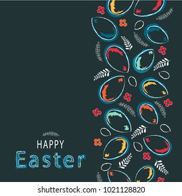 Easter card, banner, poster, label and other design, black background with eggs, hand drawn. Vector illustration.