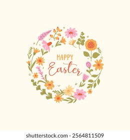 Easter card, banner, poster with spring flowers in minimalistic style. Happy Easter. Vector illustration