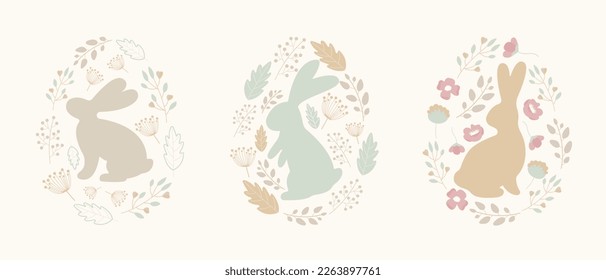 Easter card, banner with rabbits, eggs, flowers. Easter eggs with a pattern of flowers in folk style