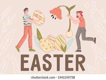 Easter card or banner template with people holding colored eggs and spring flowers above huge Easter word, flat vector illustration isolated on background. Spring holiday banner or poster design.
