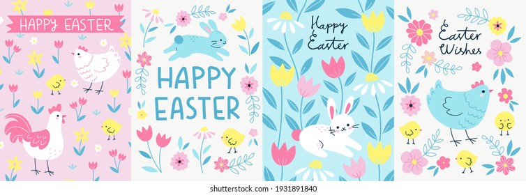 Easter card or banner templates with cute bunnies, chickens and flowers. Vector illustration for the spring holiday in colorful cartoon style. Elements are isolated.