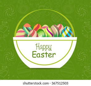 Easter card. Basket with colored eggs and grass