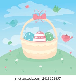 Easter card with basket of easter eggs, birds, butterflies. Vector illustration