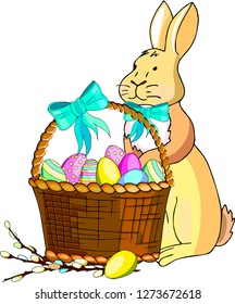 Easter card. Basket with Easter eggs and Easter bunny on a white background. Vector copy space