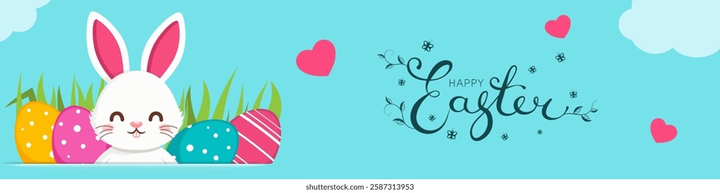 Easter card, basket with eggs and bunny on blue background in the grass, Happy easter letter. 