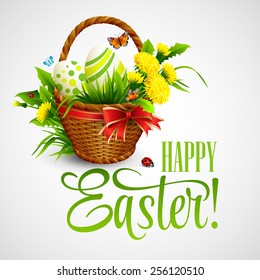 Easter card with basket, eggs and flowers. Vector illustration EPS10