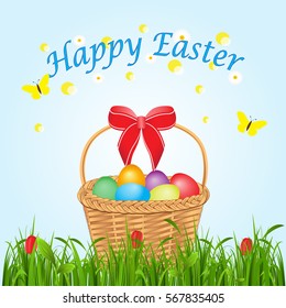 Easter card from a basket with eggs in a grass on a blue background