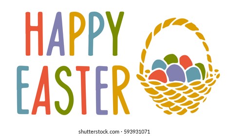 Easter card. Basket with eggs hand drawn isolated on white background. Handwritten font Happy Easter