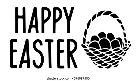 Easter card. Basket with eggs hand drawn isolated on white background. Handwritten font Happy Easter