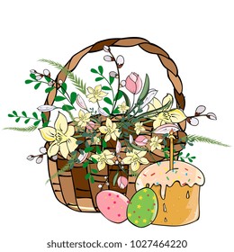 Easter card with basket with flowers and Easter cake with colored eggs.  Template for spring greeting cards, hand drawing