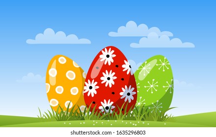 Easter card with beautiful decorated eggs on the grass against the sky. Cartoon vector illustration for design, invitation, decor