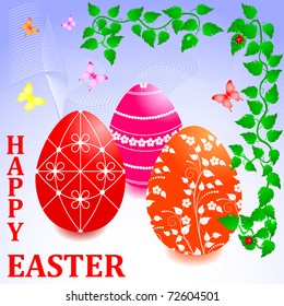 Easter card with beautiful eggs, floral ornaments, ladybirds and butterflies. vector.