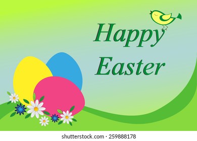 Easter card with a bird and colored eggs