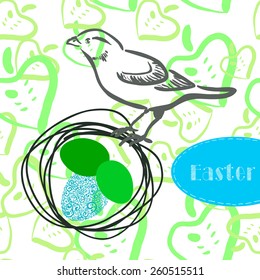 Easter card with bird and eggs. Flower background. Vector illustration.