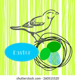 Easter card with bird and eggs. Flower background. Vector illustration.