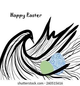 Easter card with bird and eggs. Flower background. Vector illustration.