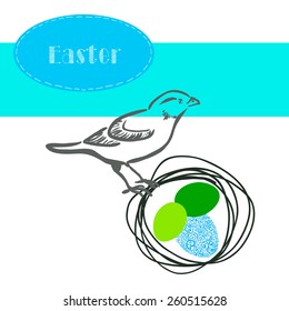 Easter card with bird and eggs. Flower background. Vector illustration.