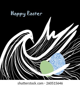 Easter card with bird and eggs. Flower background. Vector illustration.