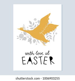 Easter card. Bird, floral pattern isolated on white background. Handwritten text With love at Easter