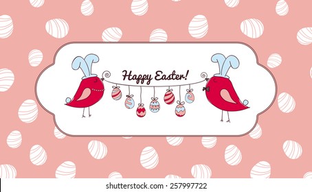 Easter card. Birds with colorful easter eggs.