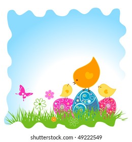 easter card with birds and eggs in grass