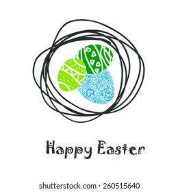 Easter card with bird's nest with eggs. Flower background. Vector illustration.