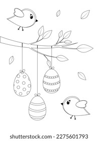 Tarjeta de Pascua con pájaros y árboles. Página de colorear para niños. Tarjeta de felicitación en blanco y negro.