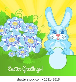 Easter card with blue flowers and a rabbit