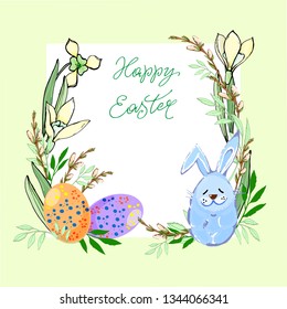Easter card with blue hare and easter eggs Decorative ornament doodle with spring flowers Handwritten inscriptions Isolated on yellow background Vector illustration