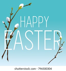 Easter card with branches of willow on blue background