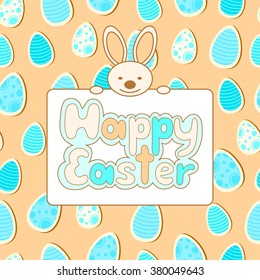 Easter card. Bright cartoon text "Happy Easter". Easter Bunny holding banner.