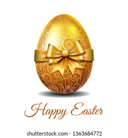 Easter card with bright gold Easter egg tied of golden ribbon with a big bow and text Happy easter. Elegant style decor on christian resurrection symbol. Vector illustration