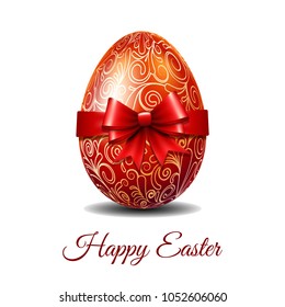 Carta de Pascua con un brillante huevo rojo de Pascua atado de cinta roja con un gran arco y texto Feliz Pascua. Decoración elegante en símbolo de resurrección cristiana. Ilustración de vectores aislada en fondo blanco