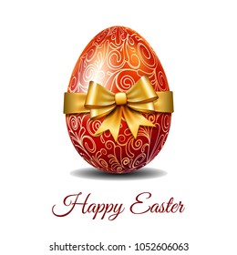 Easter card with bright red Easter egg tied of gold ribbon with a big bow and text Happy easter. Elegant style decor on christian resurrection symbol. Vector illustration isolated on white background