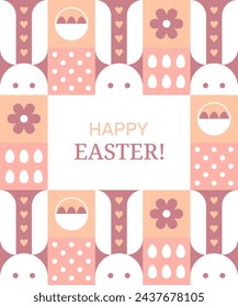 Easter card with bunnies, chocolate eggs in baskets and flowers. Geometric poster with white rabbits. Abstract background with cute bunnies, vector flat illustration in minimal style