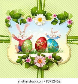 Easter card with bunnies and eggs
