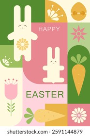 Easter card with bunnies, eggs, flowers, geometric background. Traditional elements of Easter. Vector illustration.