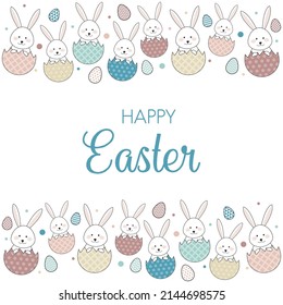 Easter card with bunnies, eggs and wishes. Vector 
