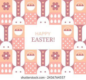 Easter card with bunnies, flowers and chocolate eggs in baskets. Geometric poster with white rabbits. Abstract background with cute bunnies, vector flat illustration in minimal style