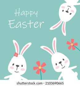 Easter card with bunnies and flowers. Flat style. Vector illustration.