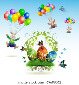 Easter card, bunnies flying with balloons, butterflies and decorated eggs on grass