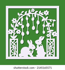 Tarjeta de Pascua con conejitos bajo el arco para cortar. Scrapbooking, artesanías de papel para Pascua