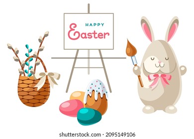 Easter card with bunny artist. Сute cartoon rabbit with a brush writes congratulations on canvas, surrounded by eggs, a cake and a basket with pussy willow branches. Isolated white background.