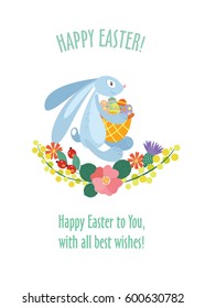 Easter card. Bunny with basket and colored eggs. Vector illustration.