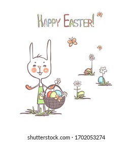Easter card with easter bunny with a basket of eggs