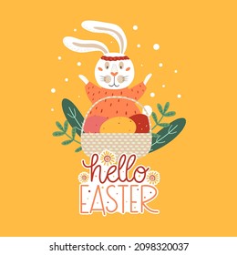 Easter card with bunny, basket and eggs. Vector cartoon illustration.