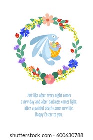 Easter card. Easter Bunny with basket and eggs. A wreath of spring flowers. Wishes for a happy Easter. Vector illustration. Isolated on white background.