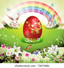 Easter card with bunny, butterflies and decorated egg on grass