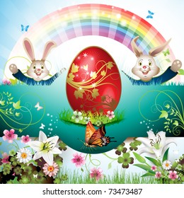 Easter card with bunny, butterflies and decorated egg on grass